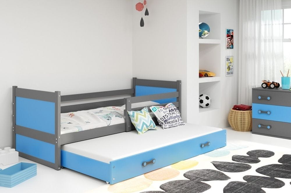 eoshop Detská posteľ s prístelkou RICO 2 90x200 cm, grafitová/modrá (Voľba matraca: Penový matrac)